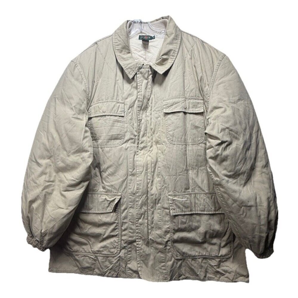 Vtg JCrew Field Jacket Lined Chore Coat Barn Tan Hunting Sz XL 2 in 1 Duck Down